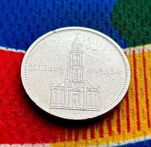 1934 A 5 Mark German WW2 90% SILVER Garnisonkirche W/D 3rd Reich Coin - Bild 1 von 2