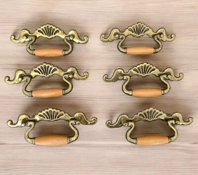 6 Brass  Oak FRENCH PROVINCIAL Vintage Hardware Drawer Pull 2 1/2"centers - Image 1 of 4