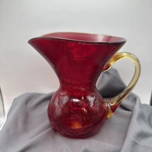 Vintage Blenko Crackle Glass Pitcher Red with gold CRACKED Handle MCM pre owned - Picture 1 of 10