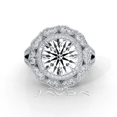 Anillo de compromiso de diamantes de 3,2 quilates forma redonda GIA F VS1 platino estilo flor halo Foto 1 de 3