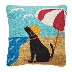 MUD PIE Black Crewel Labrador At The Beach Dog Decorative Hook Wool Pillow 11" - Picture 1 of 8