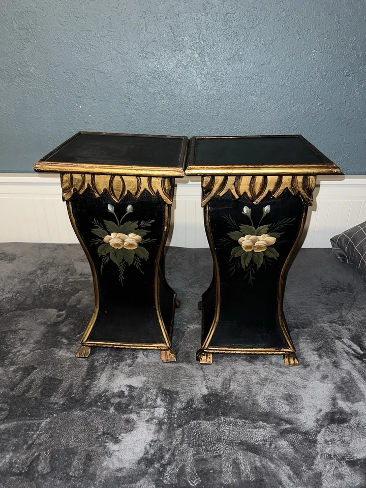 Vintage Pintado Planta Soporte Flor Floral Negro Oro Acentos Mediados de Siglo Retro Foto 1 de 4