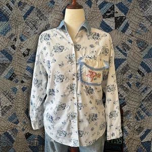 Vintage Cottage Rose Hand Made Bird Embroidery Crochet Lace Pocket Shirt Size M - Picture 1 of 13