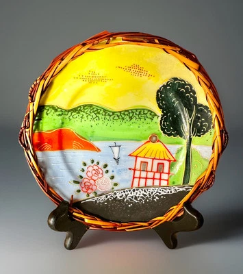 Japanese 1950s Moriage Satsuma Artist Plate With Rattan Edge L@@K Landscape - Image 1 of 4