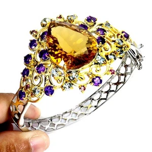 925 Sterling Silver Bangle Citrine 58.7ct Amethyst Aquamarine Handmade Jewelry - Picture 1 of 13