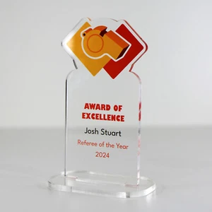 ACRYLIC COLOUR TROPHY AWARD CUSTOM DESIGNED FOR REFEREE RECOGNITION EXCELLENCE - Picture 1 of 3