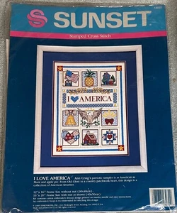 Sunset "I 💙AMERICA” Cross Stitch kit 12 x 16 Patriotic USA Love Americana NEW - Picture 1 of 2