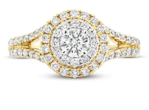 Tolkowsky 1 ct Round Cut Double Halo Split-Shank 14k TwoTone Engagement Ring - Picture 1 of 4