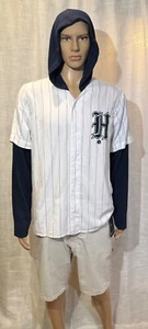 Hollister Mens Baseball Tee Long Sleeve Navy/White Striples Logo Size Large Hood - Picture 1 of 5