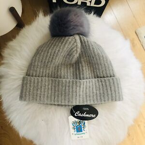 Portolano Cashmere & Faux Fur Pompom Beanie Hat, Gray, One Size, Luxurious, NWT