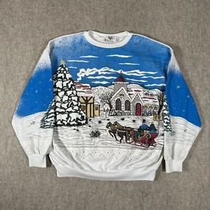 Vintage 90s Winter Christmas Full Print Sweatshirt Large Sleigh Ride Snowy Night - Picture 1 of 15