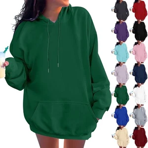Ladies' Fashionable Casual Long Sleeved Round Neck Hooded Solid Color Hoodie - Picture 1 of 54