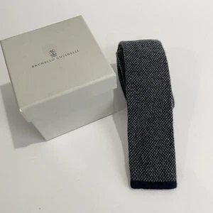 Brunello Cucinelli Tricot Cashmere Tie Navy Grey Knit NEW with Box - Picture 1 of 4