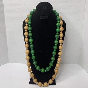 Vintage Handmade Boho Wood Bead Rope Necklaces Brown Green Set of 2 - Picture 1 of 18
