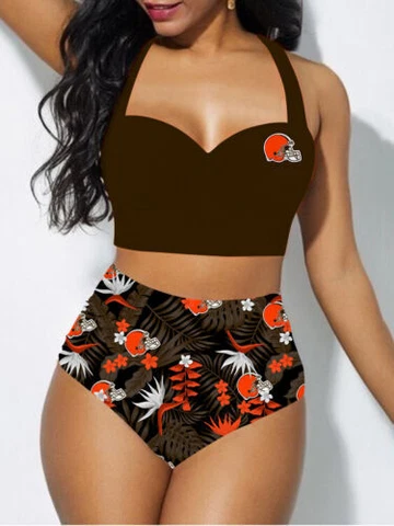Cleveland Browns Women's 2PCS Bikini Set Push Up Swimsuit Beach Halter Swimwear Cover