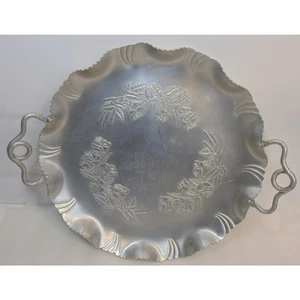 Vintage Scalloped Serving Platter Aluminum Serving Tray 15" Round Roses Handles - Picture 1 of 8