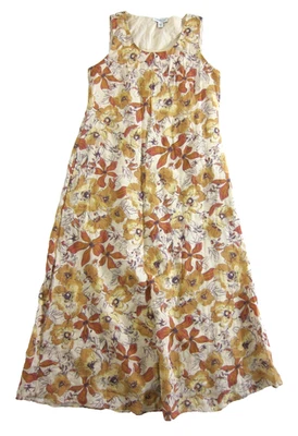 Maxi Vestido sin Mangas Largo Coldwater Creek 100% Lino Marrón Naranja Floral Bolsillo 10 Foto 1 de 4