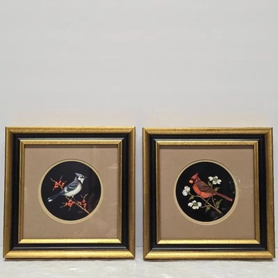 Vintage Jeanne Reifel Birds Flowers Scratchboard Small Art Painting Folk Art - Image 1 of 4