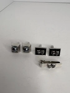 2 Sets Swank Cuff Links Tie Bar Matching Comedy Tragedy Black Silver Tone Gray - Picture 1 of 11