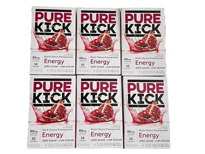 NEW 6 BOXES Pure Kick ENERGY BLACK CHERRY POMEGRANATE Drink Mix Singles to Go - Image 1 of 4