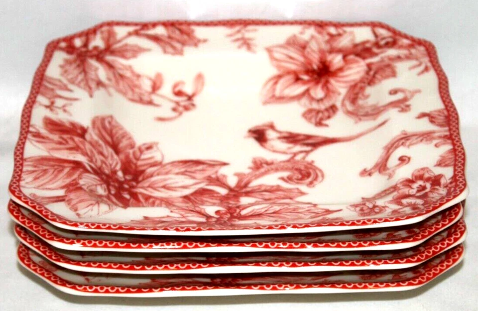 222 Christmas Lane Porcelain 8 1/2" Salad Plates Set of 4 Cardinal Red Bird New - Image 1 of 3