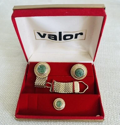 Vtg Valor Green Gem Stone Cufflink & Tie Clip Set NOS New In Box French Cuffs - Image 1 of 4