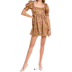 LOVESHACKFANCY Damen Neu mit Etikett Bennington Blumen Minikleid Gold Multi Größe 6 - Bild 1 von 8