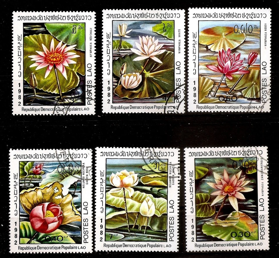  FLOWER water roses ,lily  Laos 1982 year, used stamps set CTO - Image 1 of 1