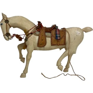 Hand Carved Wooden Horse Inset Glass Eyes Saddle Antique Vintage White Mini 12" - Picture 1 of 24