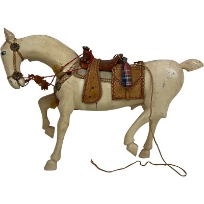 Hand Carved Wooden Horse Inset Glass Eyes Saddle Antique Vintage White Mini 12" - Image 1 of 4