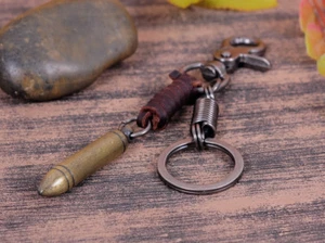Trigger Snap Hook Fob Spring Brass Bullet Real Cowhide Leather Keychain Key Ring - Picture 1 of 8