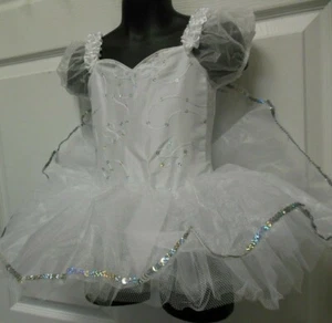 BALLET COSTUME White Puff Sleeves attched tutu sequin trim Girls Szs rosette - Picture 1 of 8
