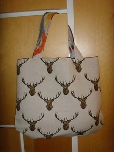 MADE IN DEER PRINTED LINEN 15in Tote book bag ART DECO EMBROIDERED LINED - Picture 1 of 3