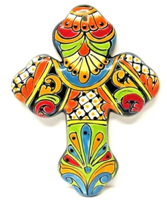 Talavera Cerámica Mexicana Multicolor Trébol Religioso Cristiano Cruz 11 1/2" - Imagen 1 de 2