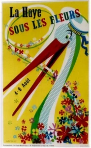 Póster original vintage DEN HAAG FESTIVAL DE FLORES HOLANDESAS CIGÜEÑA c.1950 - Imagen 1 de 1