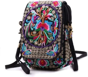 small Embroidered pursec crossbody bag Coin mexican Vintage wallet cell phone - Picture 1 of 6