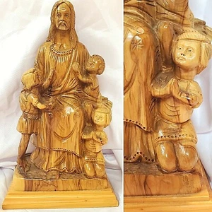 HANDMADE OLIVE WOOD JESUS W/KIDS MASTER FIGURE STATUE CARVED BETHLEHEM SOUVENIRS - Picture 1 of 12