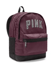 Victoria's Secret Pink Campus Backpack Black Orchid Maroon Studs Logo NWT - Picture 1 of 7