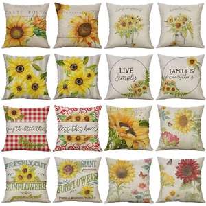 Sunflower Throw Pillow Cover Decorative Linen Fabric Pillow Case for Couch Bed - Picture 1 of 25