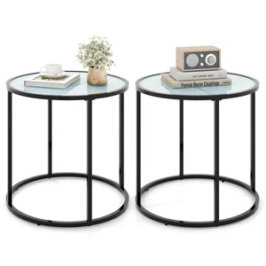 2PCS 20" Round Side Table Glass End Table w/ Metal Frame & Faux Marble Glass Top - Picture 1 of 9