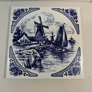 Azulejo de remache azul Delft pintado a mano molino de viento barco granja paisaje holandés - Imagen 1 de 15