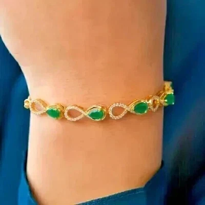 Lab Created Emerald 14K Yellow Gold Plated Bolo 7" inch Bracelet 2.00Ct Pear Cut - Image 1 of 4