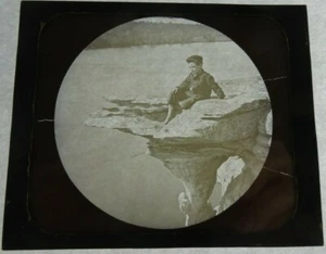B18 MAGIC LANTERN GLASS SLIDE Late 1800's Untitled Boy Out Over Lake 4" x 3-1/4" - Photo 1/1