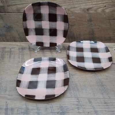 Tres (3) platos de pan y mantequilla Santa Anita Ware Turnabout rosa marrón a cuadros de 6" Foto 1 de 4