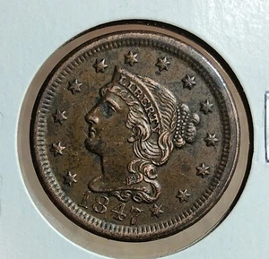 1847 DATE BRAIDED HAIR LARGE CENT (1 c.) COIN ALMOST UNCIRCULATED (AU) CONDITION - Picture 1 of 5