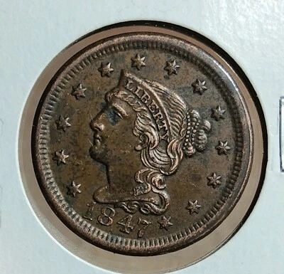 1847 DATE BRAIDED HAIR LARGE CENT (1 c.) COIN ALMOST UNCIRCULATED (AU) CONDITION - Image 1 of 4