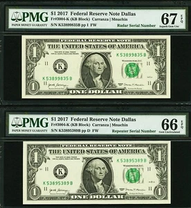 Fr.3004 2017 Repeater 53895389 Radar 53899835 Federal Reserve Note PMG 66 67 SET - Picture 1 of 2
