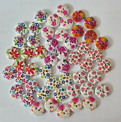 50 Flower Pattern Buttons, 10 Designs with 5 of Each Design Wooden Size 15mm - Image 1 of 3
