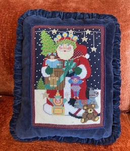 Christmas Santa Toys Needlepoint Accent Pillow Ruffled Navy Blue Velvet - Picture 1 of 7