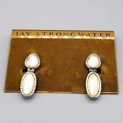 NWT Jay Strongwater White Givre Cab Silver Plated Drop Dangle Clip Earrings - Image 1 of 4